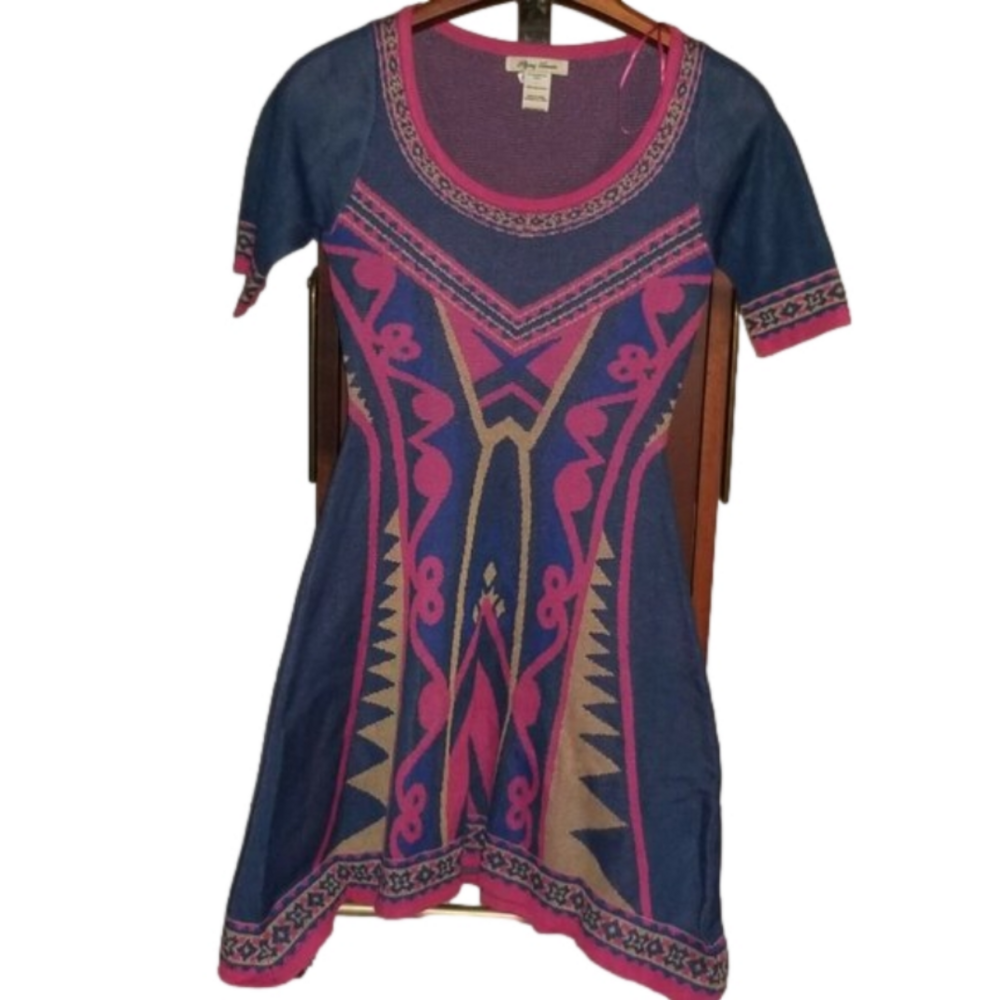 Flying Tomato Womens Knit Style Dress Aztec Design Size Small In Blue Red Beige